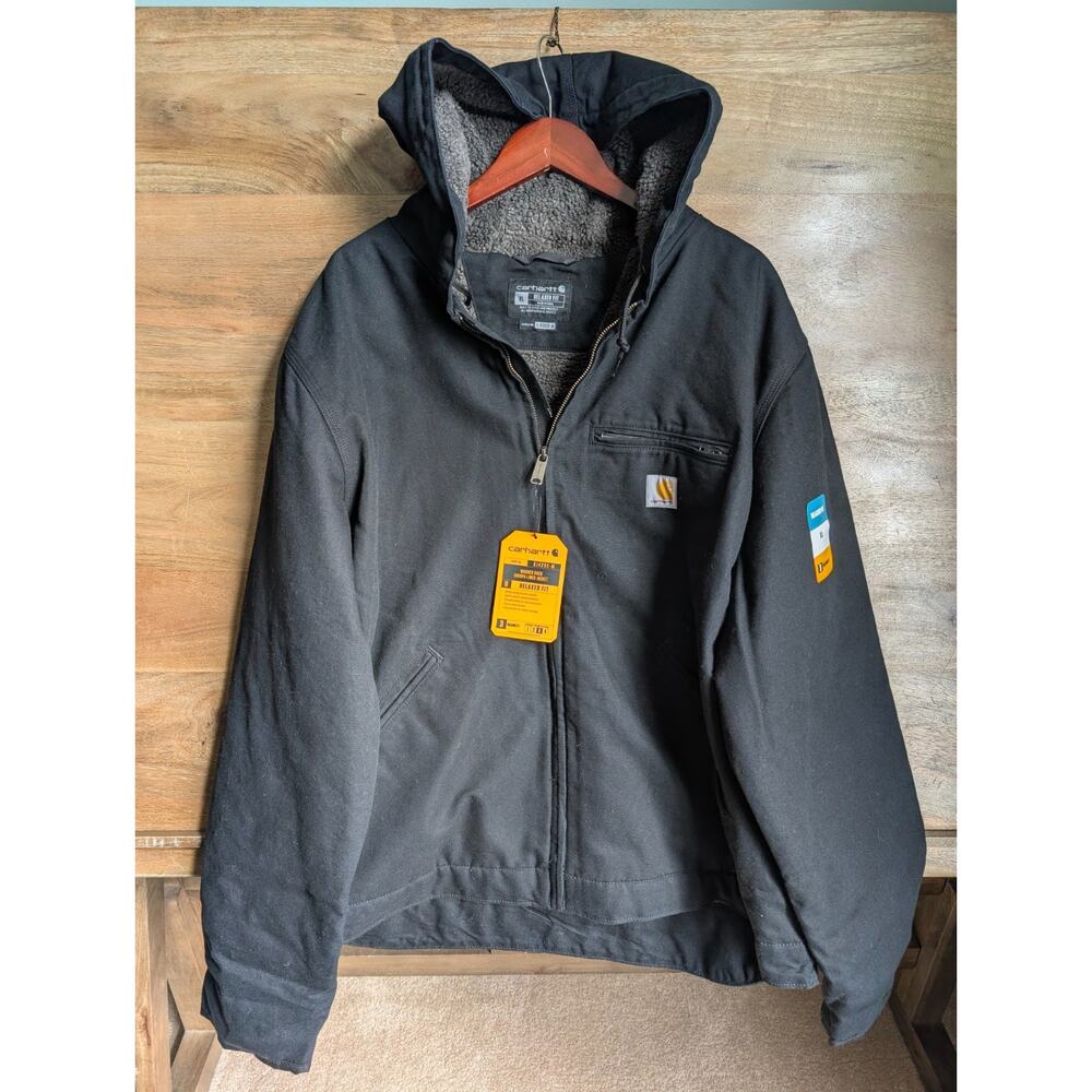NWT Carhartt Washed Duck Jacket Mens XL Black Sherpa-Lined Relaxed Hooded Zip-Up